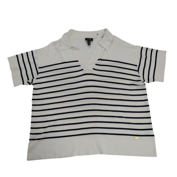 Jones New York Womens 1X Signature White & Navy Striped V-Neck Short Sleeve. - Picture 1 of 8